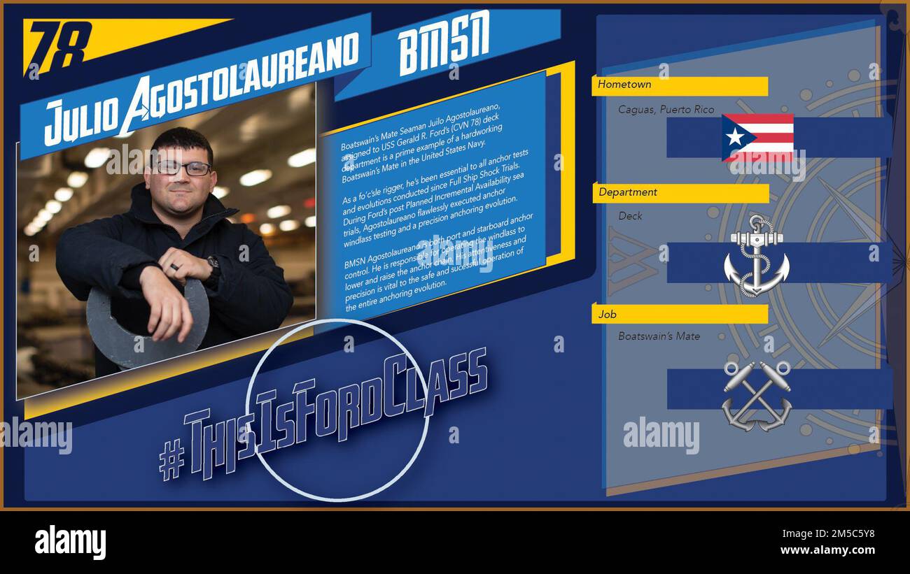 Boatswain's Mate Seaman Juilo Agostolaureano, assigned to USS Gerald R