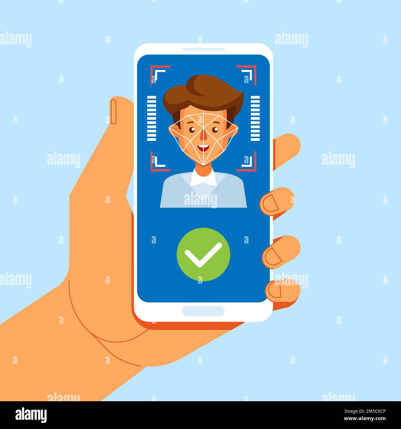 Facial recognition concept. Face ID, face recognition system. Hand