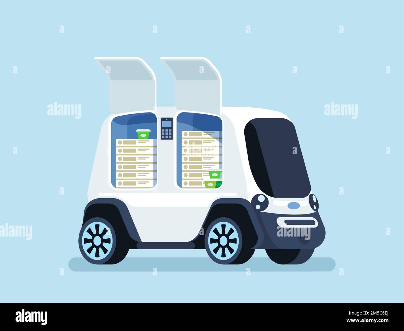 Self-driving vehicle to deliver pizza. Autonomous Ordering and delivering pizza. Robotic courier. Vector illustration Stock Vector