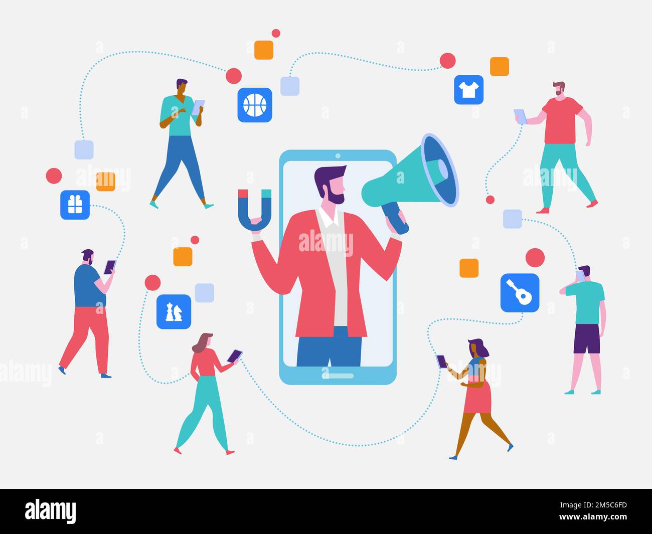 Influencer marketing. Potential product buyers or consumer products buyer, online engagement communication business or digital customer research proce Stock Vector