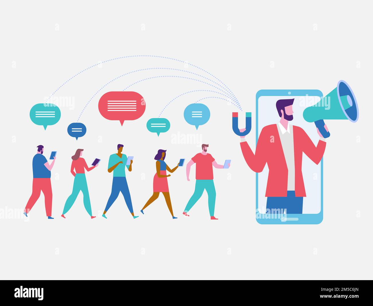 Influencer marketing. Potential product buyers or consumer products buyer, online engagement communication business or digital customer research proce Stock Vector