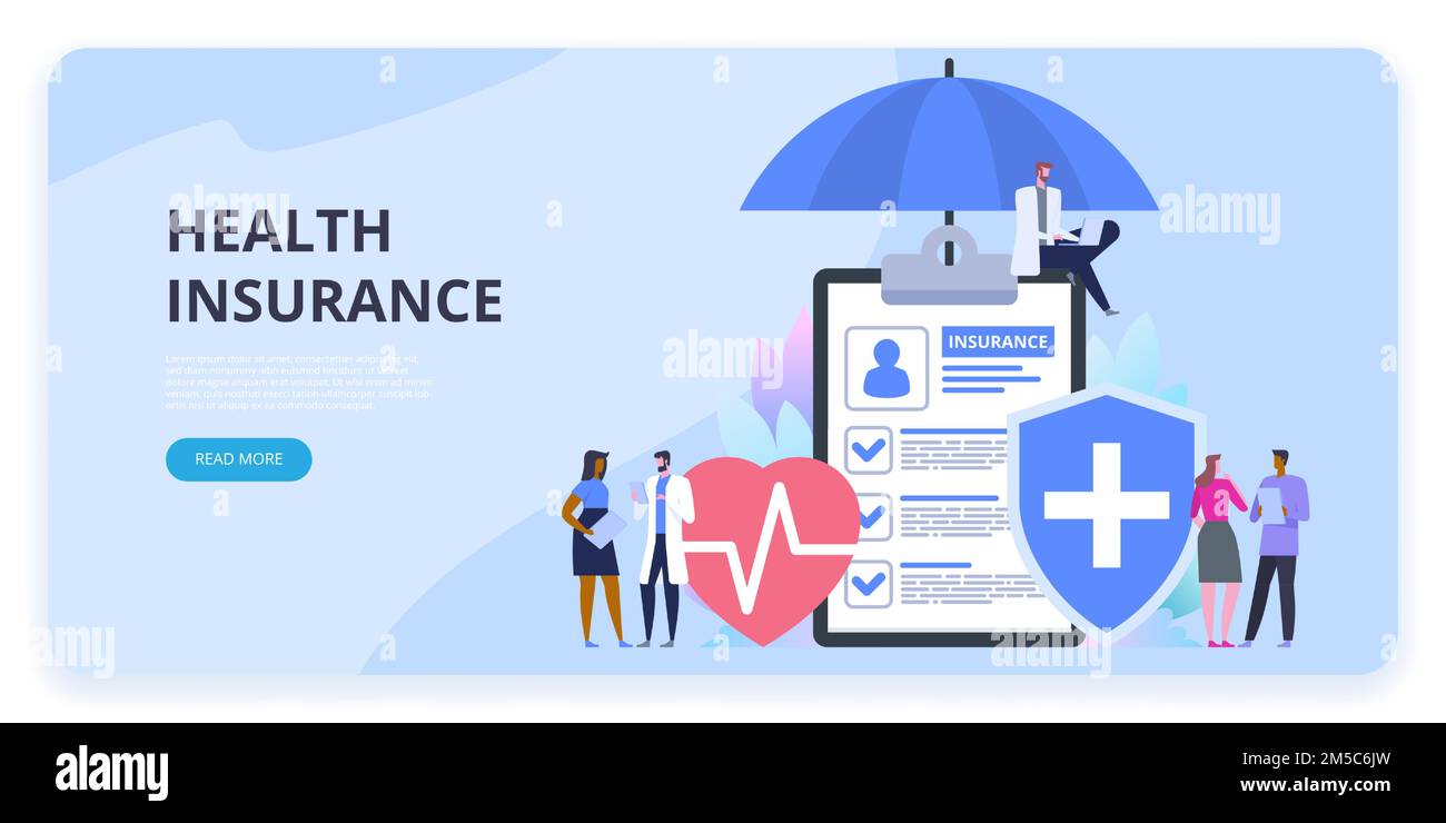 Health insurance protection. Care medical with decorated small people