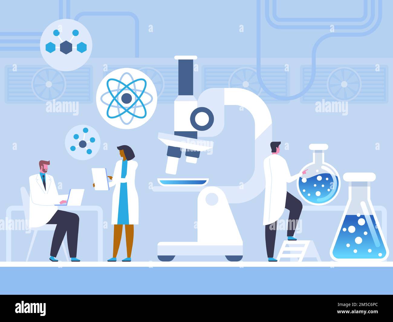 Chemical lab study flat vector illustration. Scientists, chemists in white coats cartoon characters. Atoms structure study, laboratory experiment. Che Stock Vector