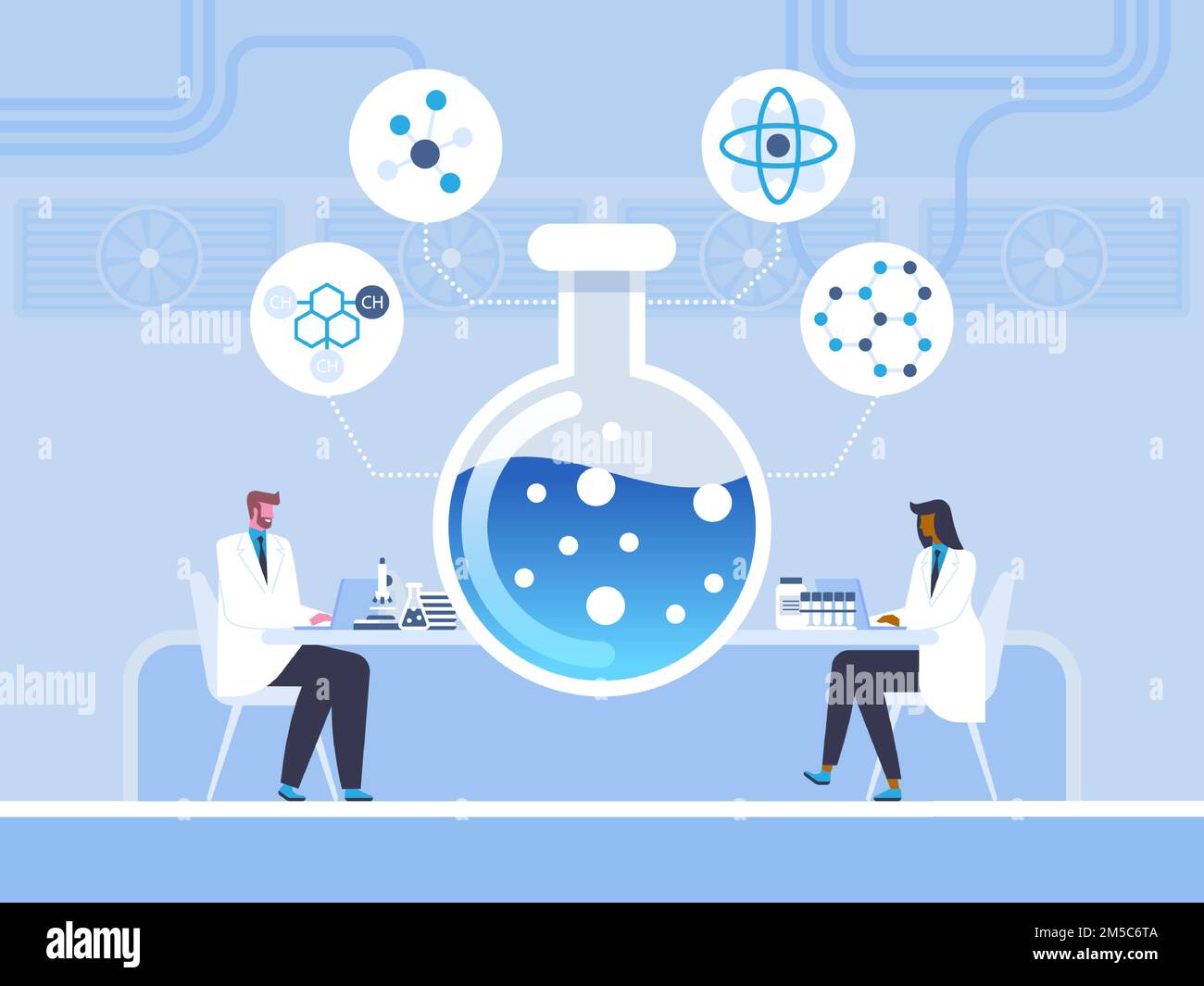 Biochemistry, chemical study vector illustration. Doctors, scientists with laptops cartoon characters. Pharmaceutical company lab, medical experiment. Stock Vector