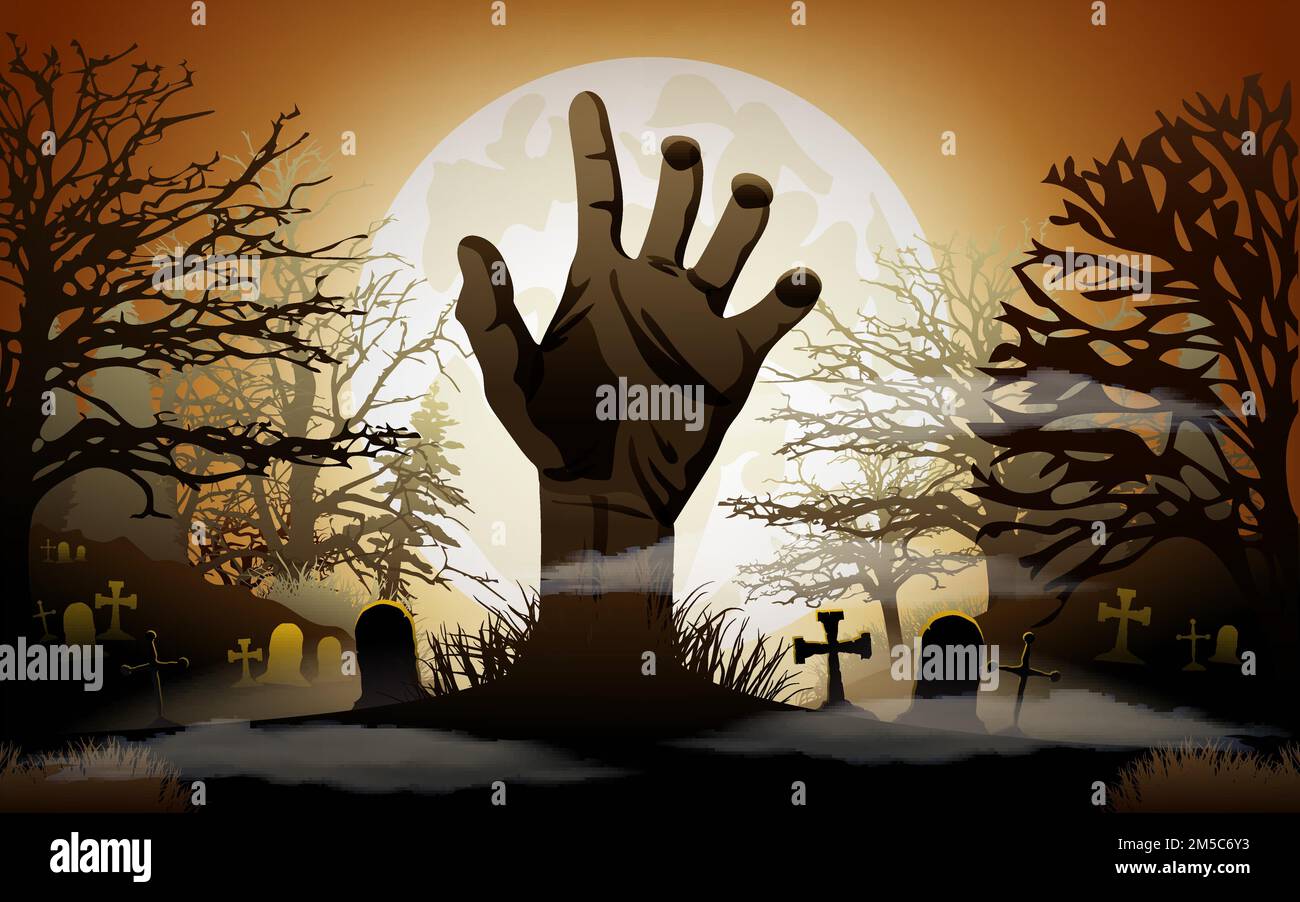 Halloween background. Zombie hand rising out from the ground. Vector ...