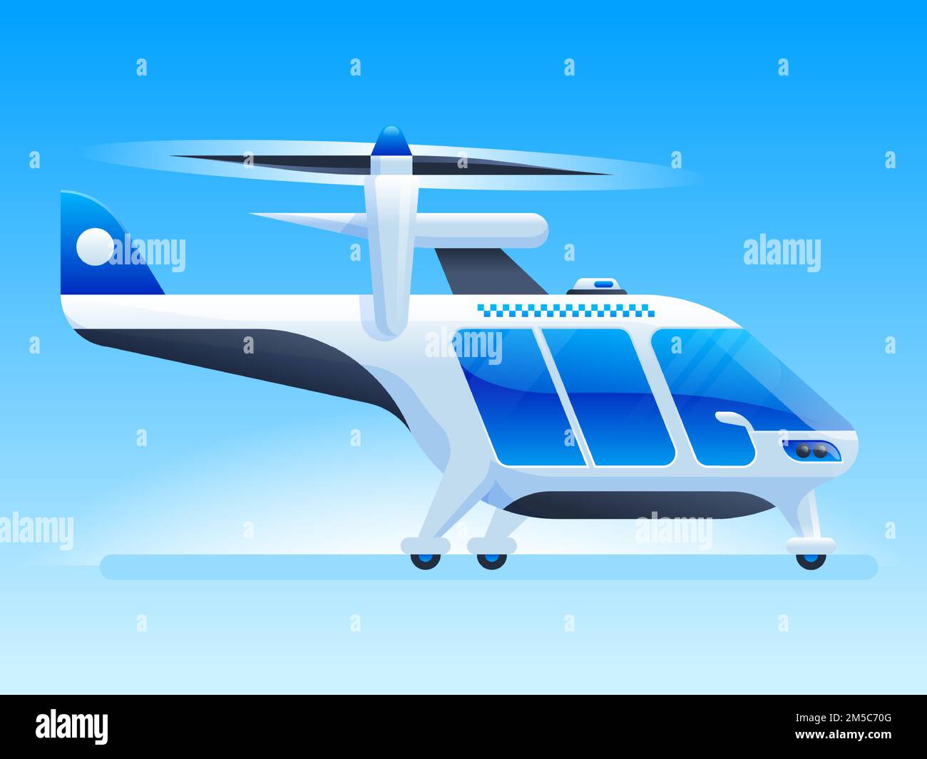 Futuristic helicopter flat vector illustration. Flying ev, eco friendly electric vehicle. Transportation industry, aviation innovative technology. Aer Stock Vector