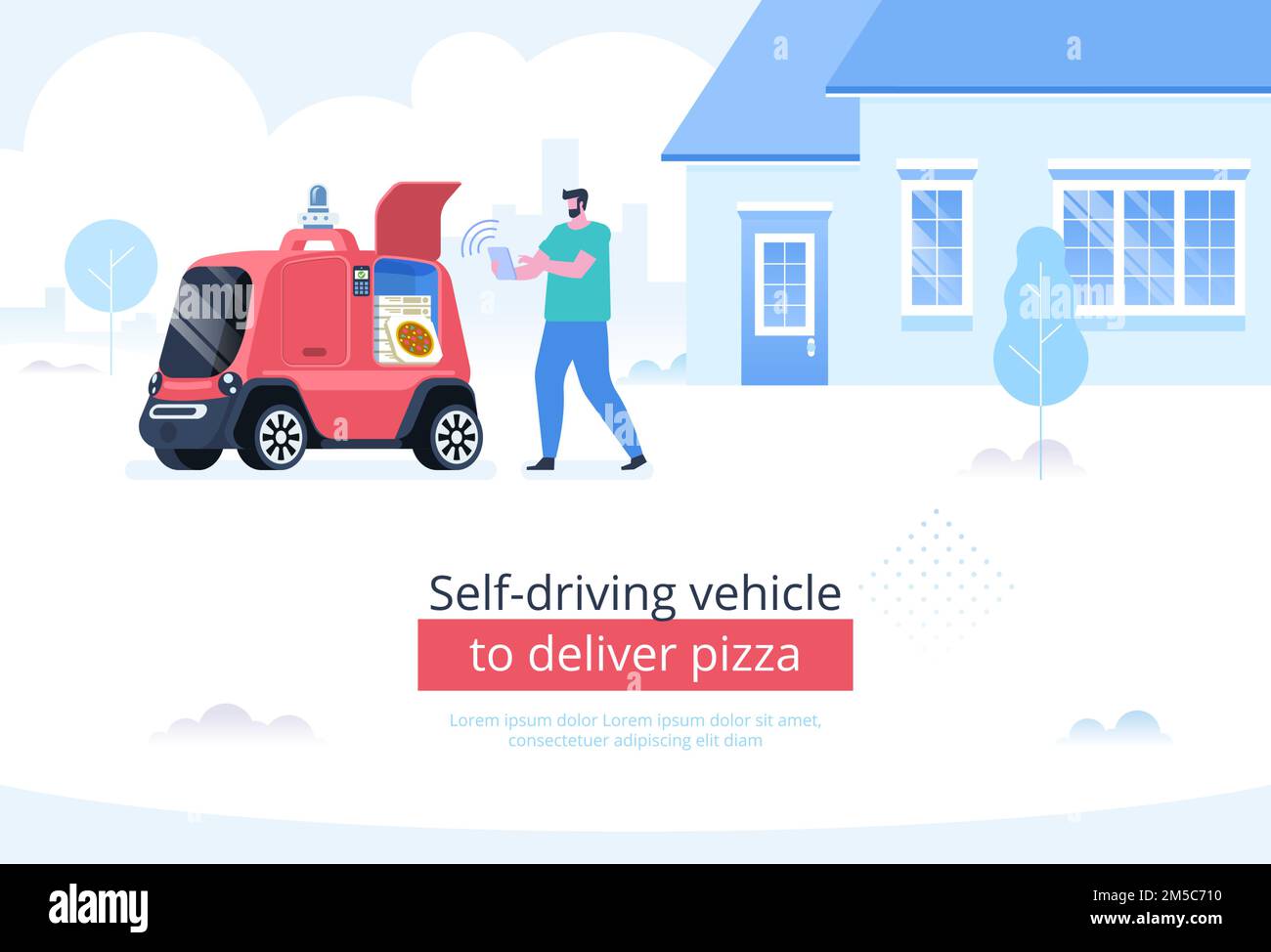 Self-driving vehicle to deliver pizza. Autonomous Ordering and delivering pizza. Robotic courier. Vector illustration Stock Vector