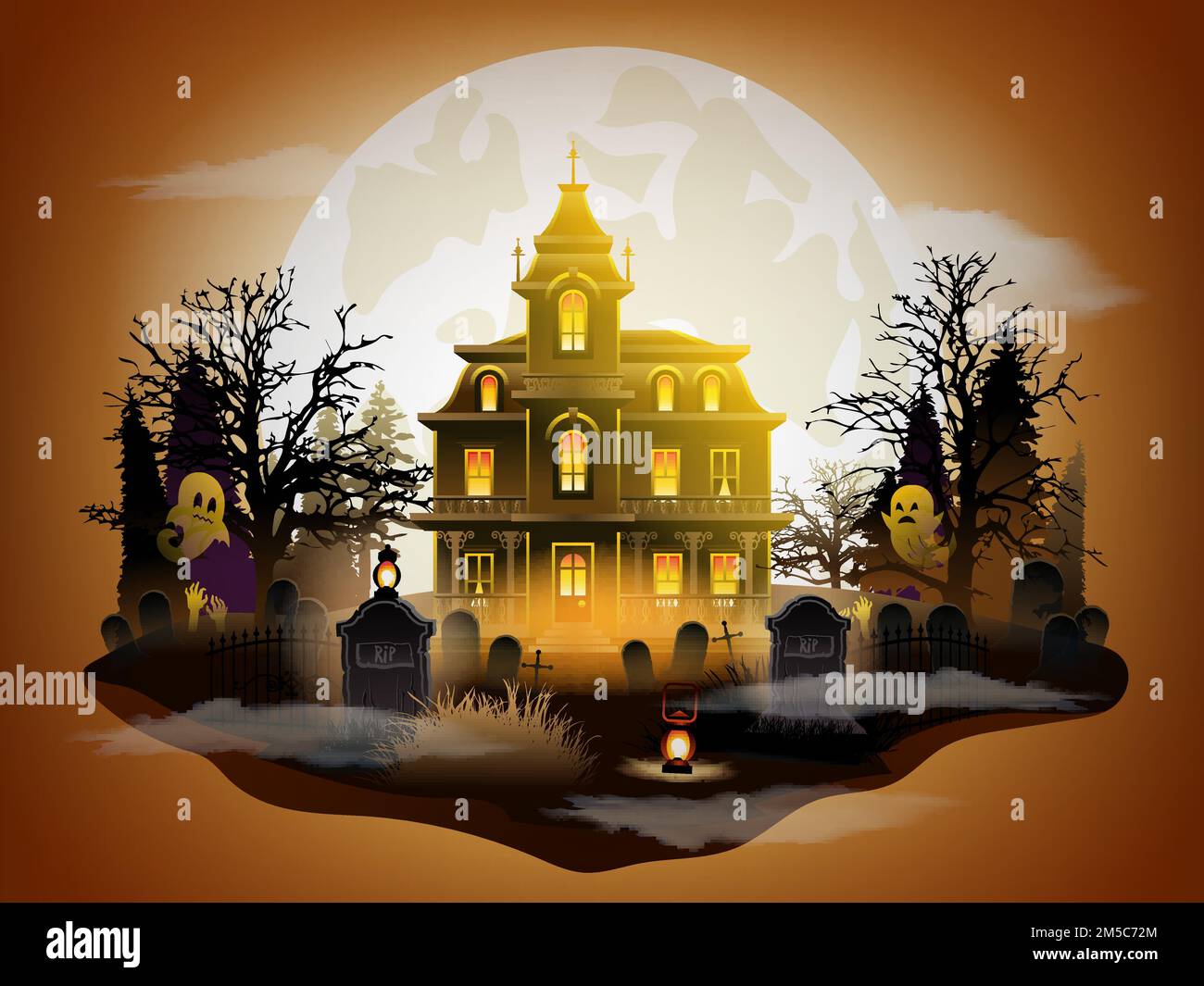 Halloween graveyard and dark castle on Moon background, vector ...