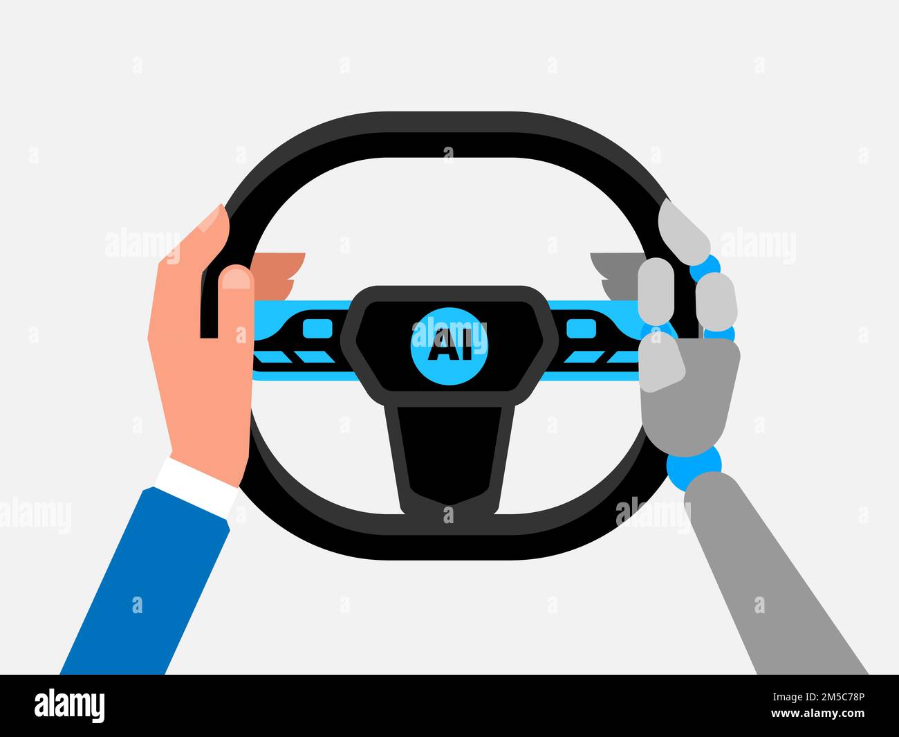 Self driving car vector illustration. Hands hold the steering wheel of