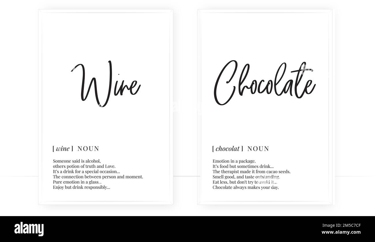 Wine and chocolate definition, vector. Minimalist poster design. Wall decals, noun description