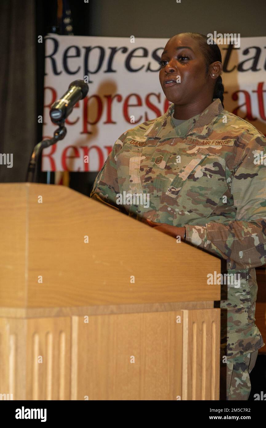 Master Sgt. Ashley Daniel, 436th Security Forces Squadron installation security superintendent, speaks about her experience being a woman and a minority in security forces during the Black History Month panel at Dover Air Force Base, Delaware, Feb. 28, 2022. The event served as a platform for individuals to share personal experiences about issues affecting the African American community. Stock Photo