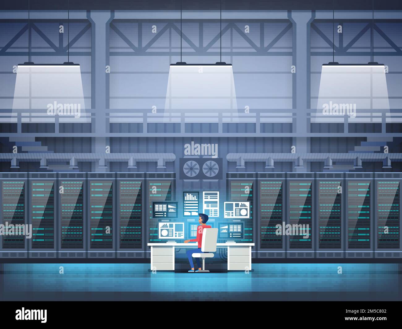Programmer in data center room with graph monitor system Data Center ...