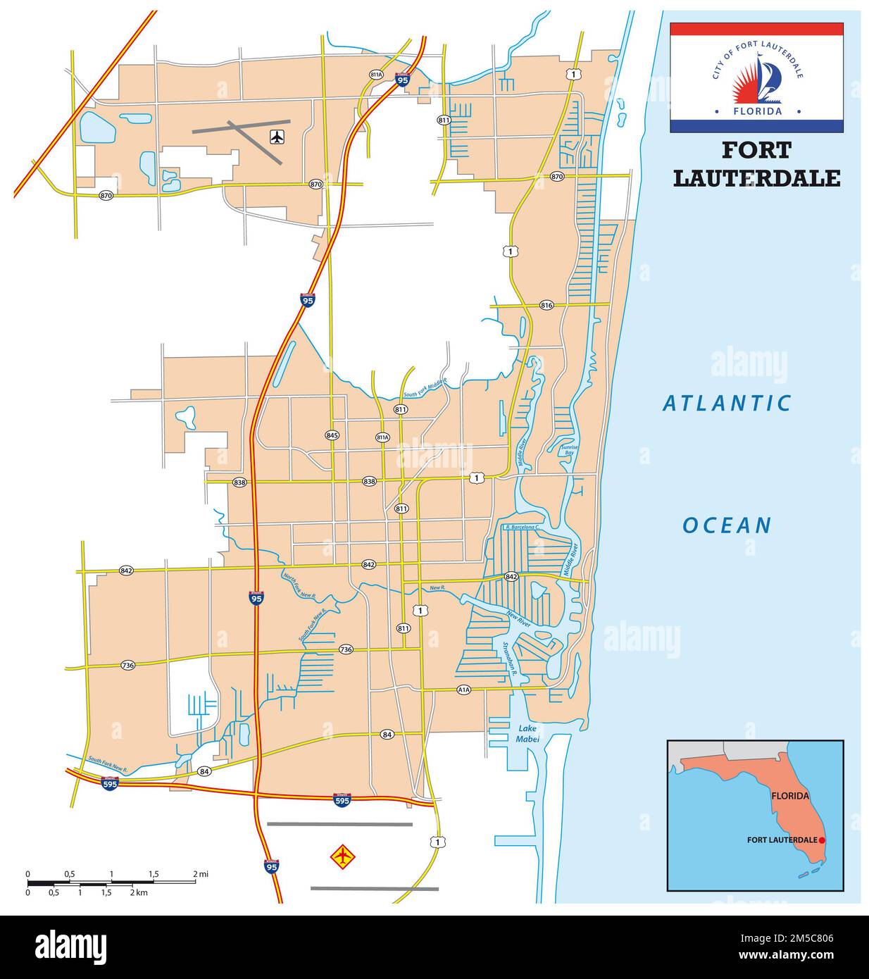 simple street map of the city of Fort Lauderdale, Florida, United States Stock Photo