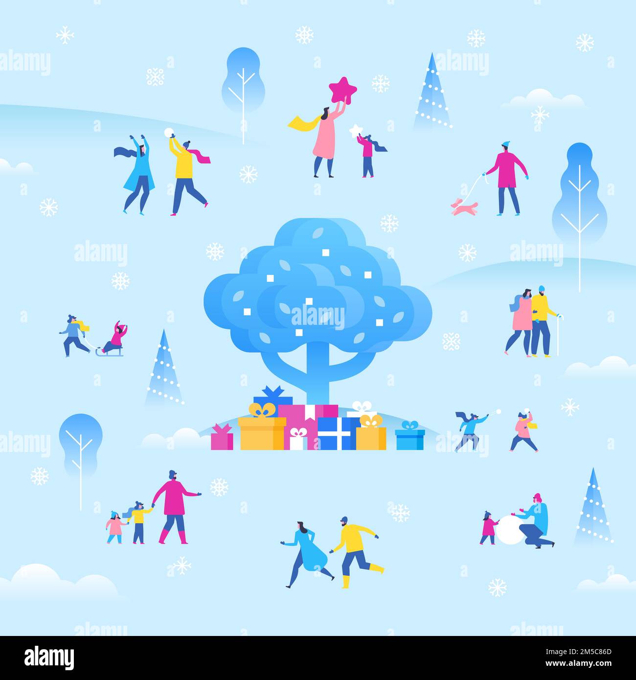 Christmas or  New Year holiday outdoor fair. Pleasant small characters of family, couple, and friends enjoying Christmas party. Colorful vector illust Stock Vector