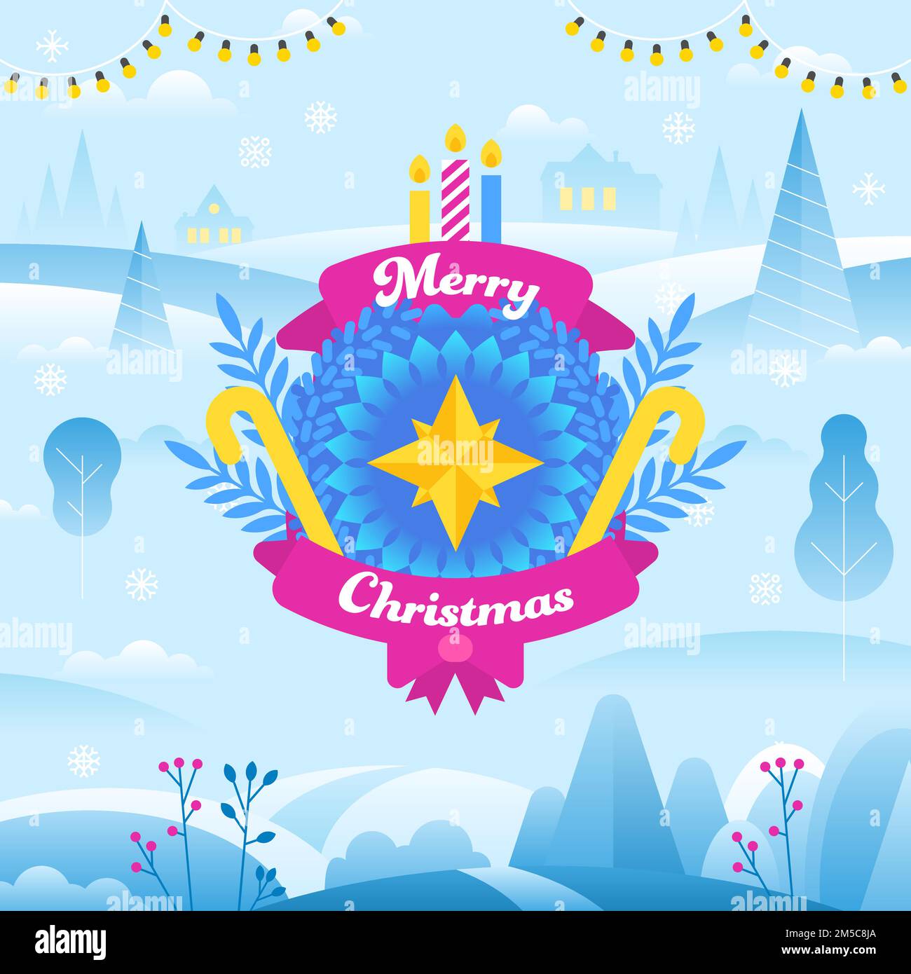 Merry Christmas and Happy New Year  greeting card template. Winter landscape with with sky, heavy snowfall, snowflakes in different shapes and forms. Stock Vector