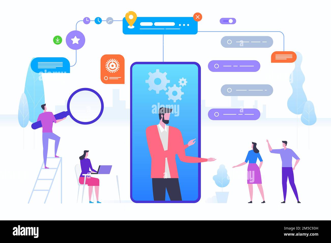 Online assistant, virtual help service. Advises client. Concept customer and operator, online technical support 24/7 for web page, banner, presentatio Stock Vector