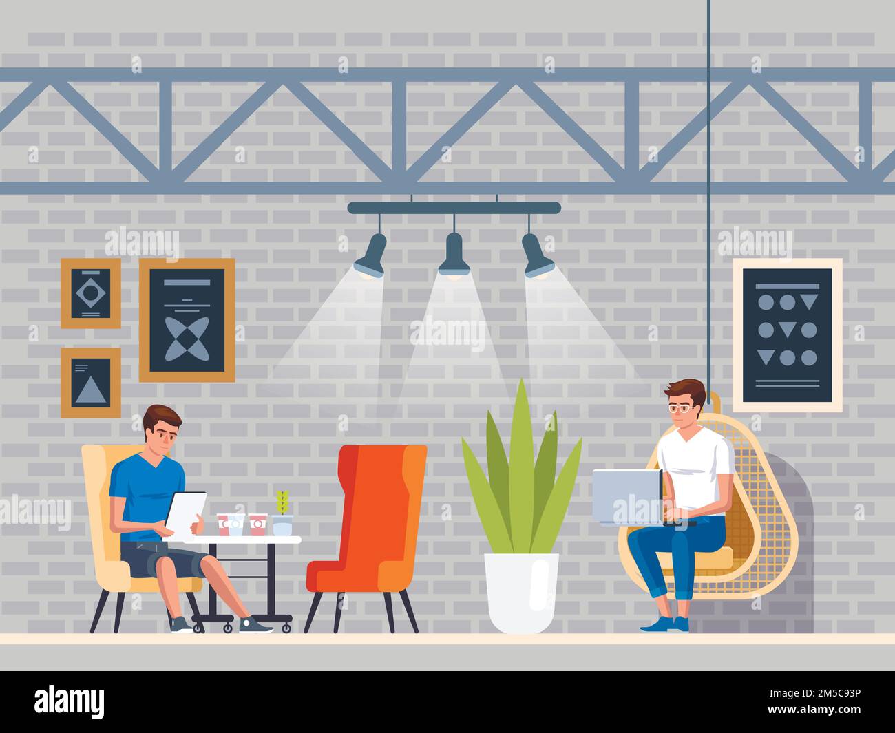 Modern Cafe with young people. Interior Restaurant. Creative Office Coworking Center. University Campus. Modern Workplace. Coffee shop with bar counte Stock Vector