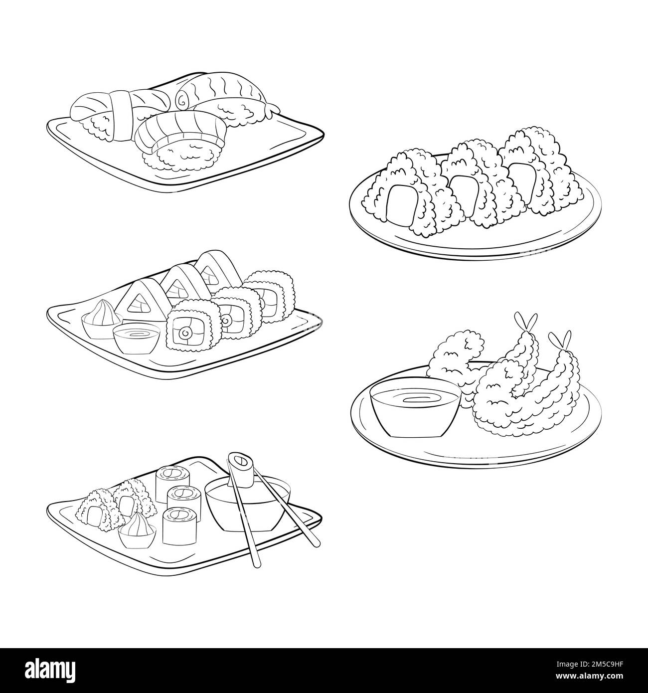 Set of sushi, onigiri and shrimp on plates, line art. vector illustration on a white background. Stock Vector