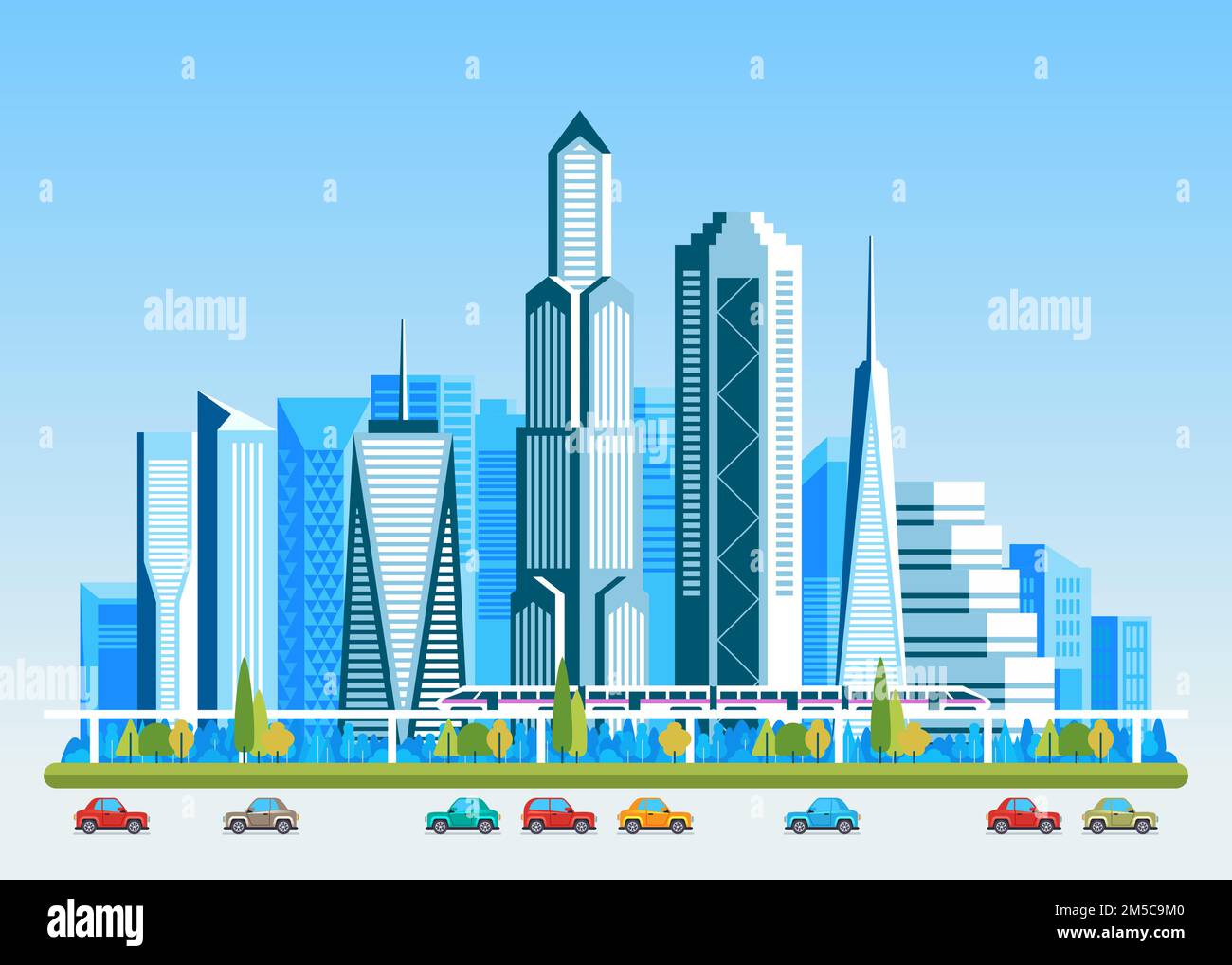 Urban landscape with high skyscrapers and subway. Vector illustration ...