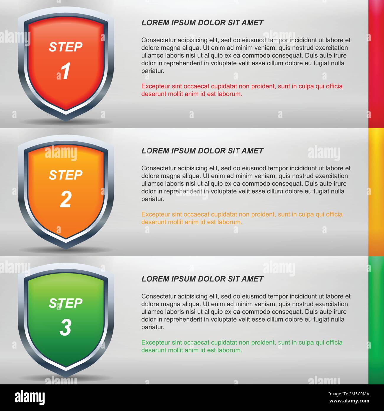 Vector shields. Three steps to information security. Stock Vector