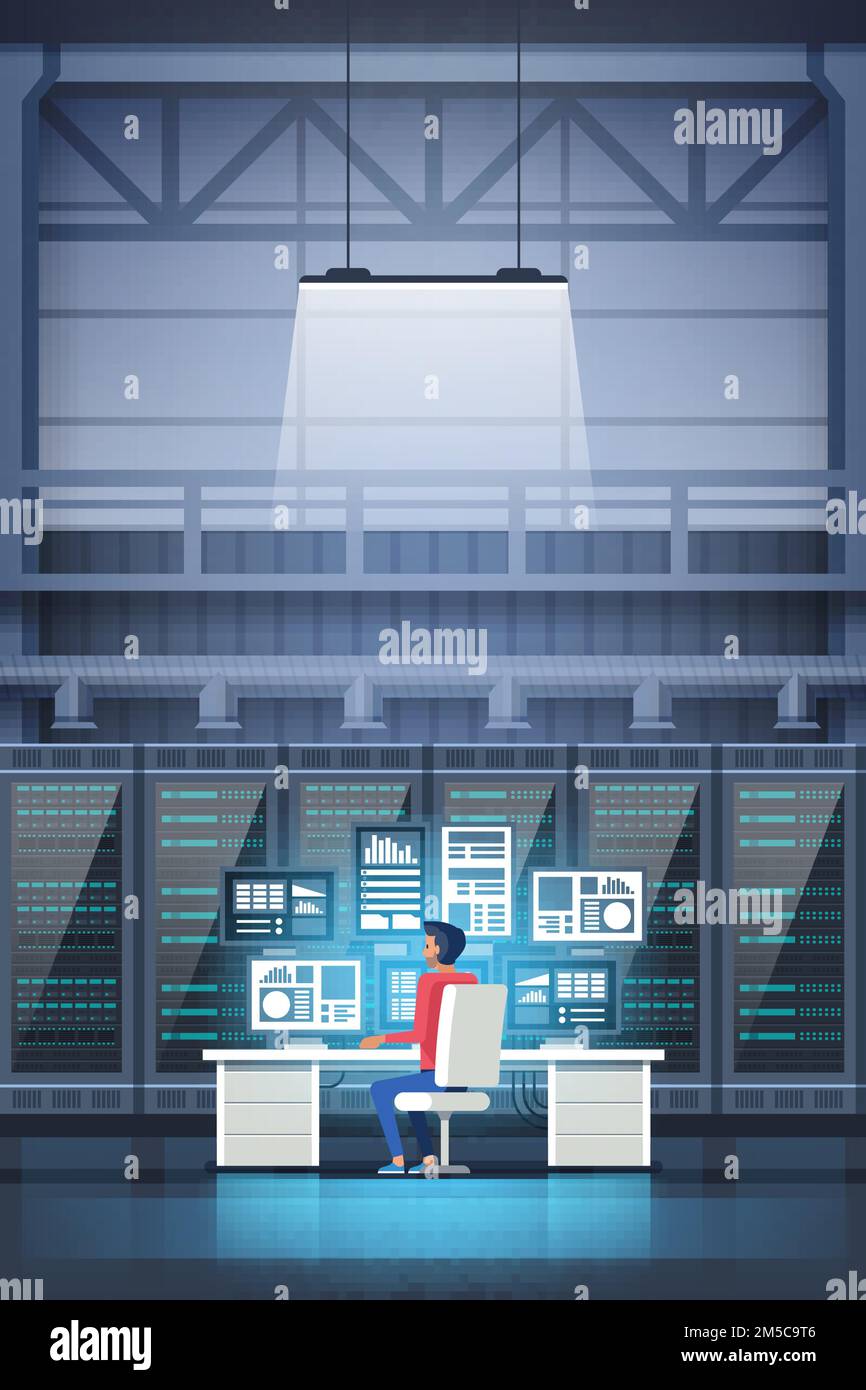 Programmer in data center room with graph monitor system Data Center ...