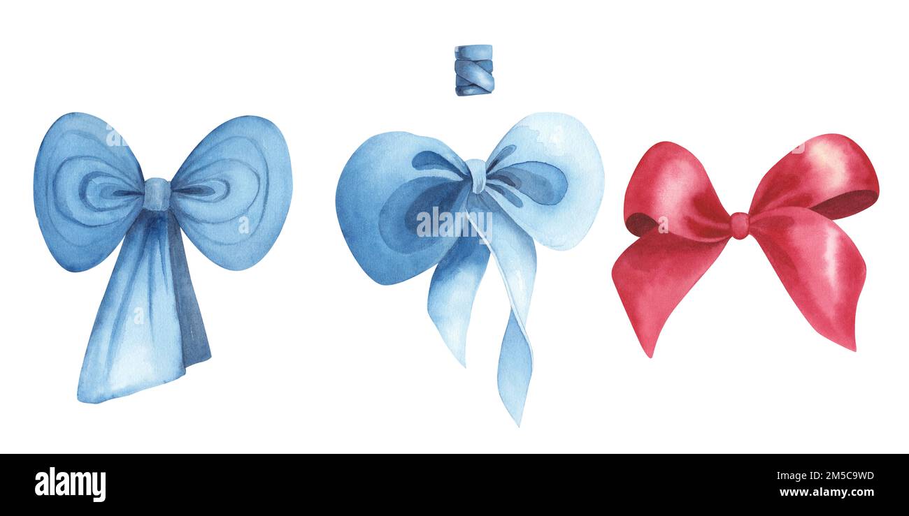Set Blue ribbon bow isolated on white background. Watercolor hand drawn ...