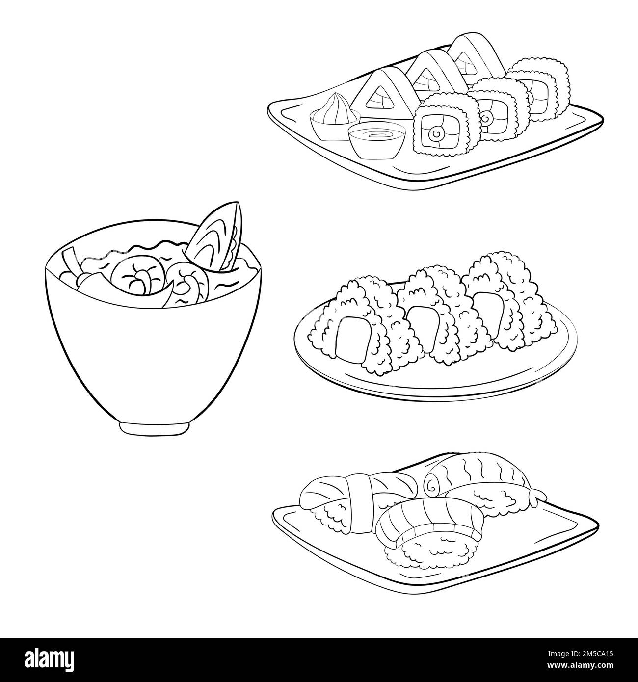 Set of sushi and onigiri on plates, line art. vector illustration on a white background. Stock Vector