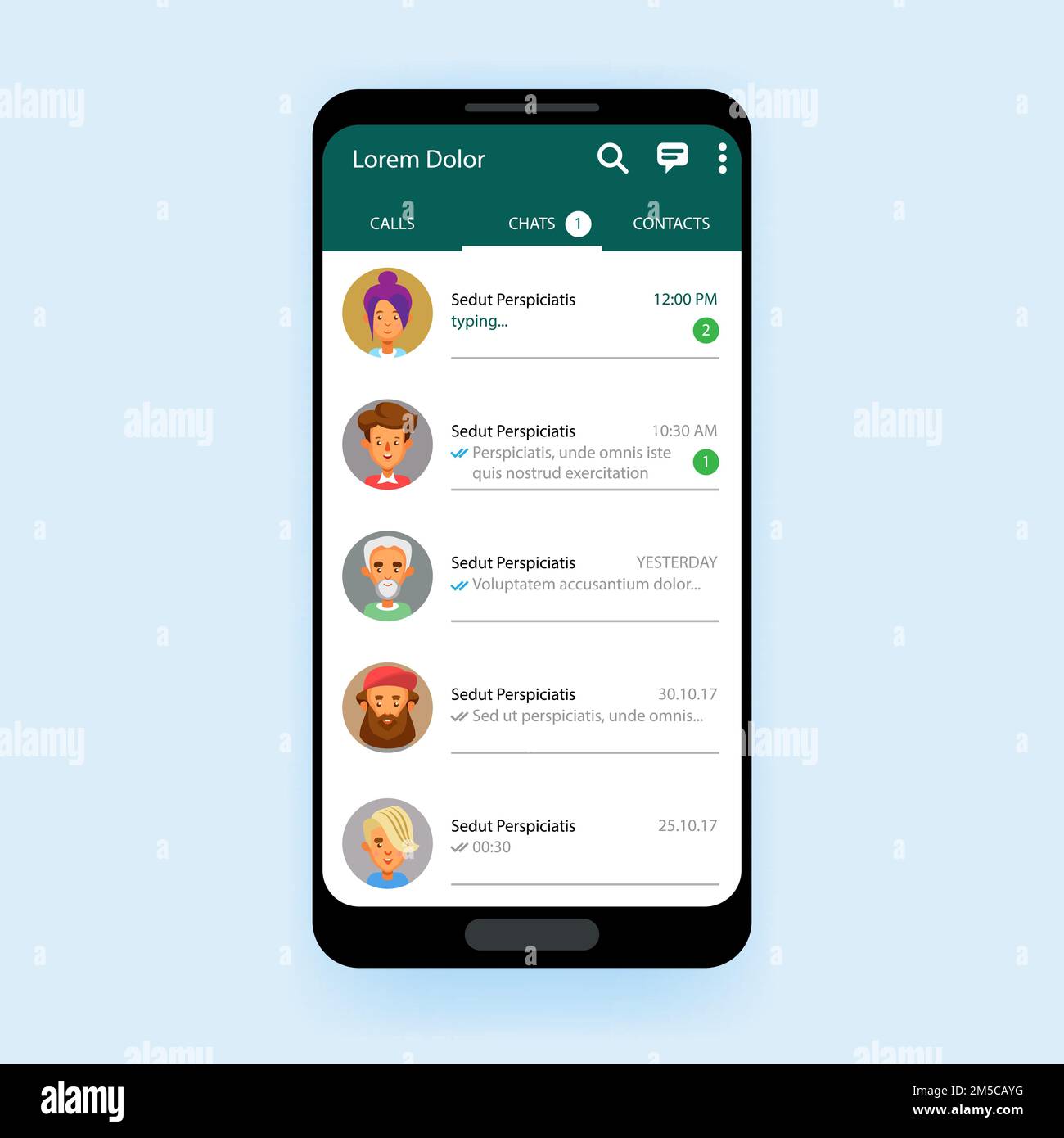 Mobile UI kit Chat app template messenger. Vector illustration Stock Vector