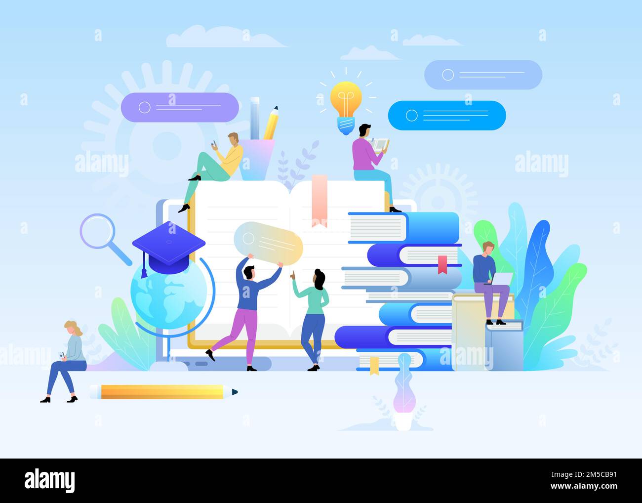 E-learning concept illustration of young people using laptop and tablet ...