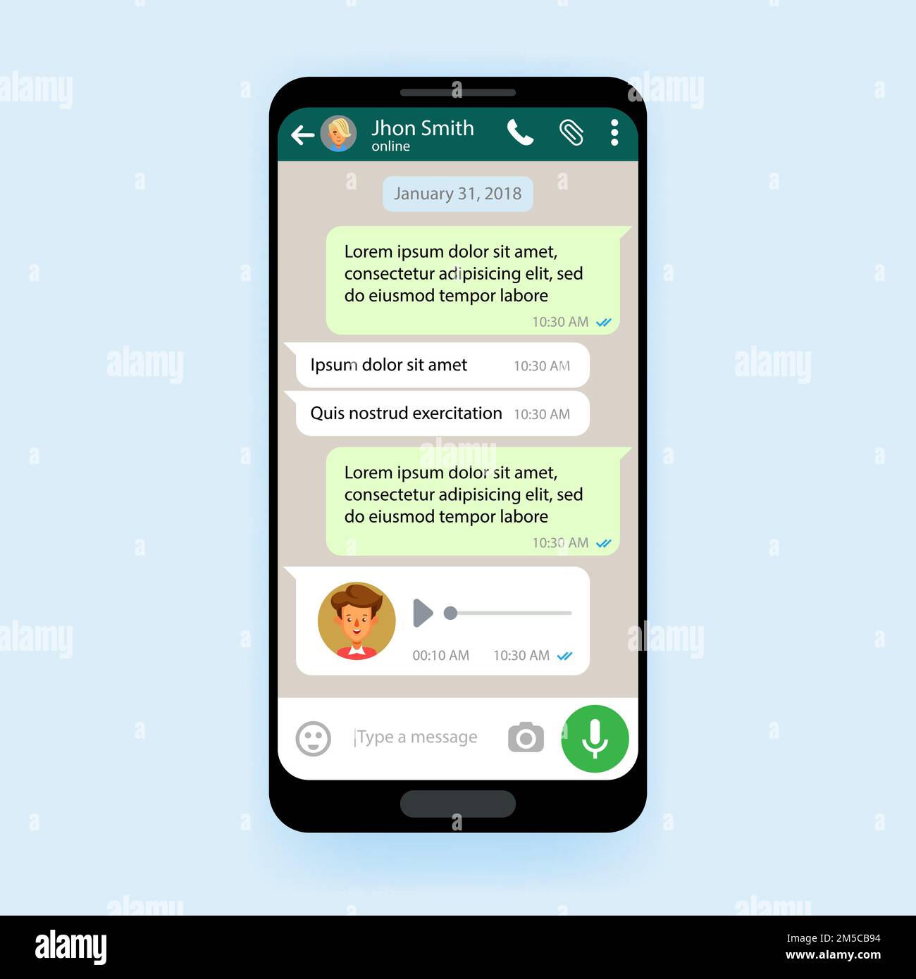 Mobile UI kit Chat app template messenger. Vector illustration Stock Vector