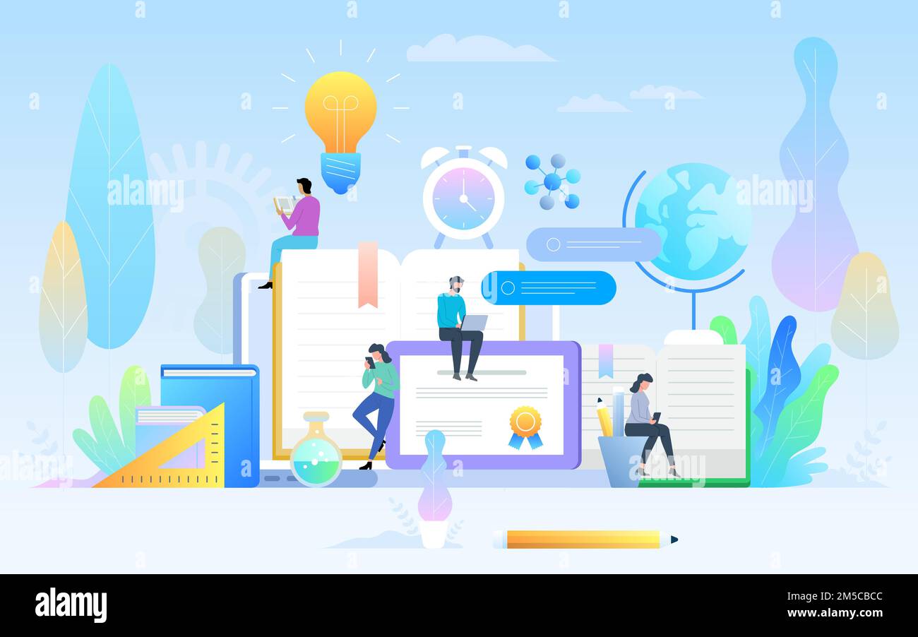 E-learning concept illustration of young people using laptop and tablet ...
