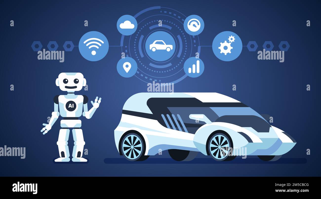 Autonomous car. Selfdriving car with robot and icons. Artificial