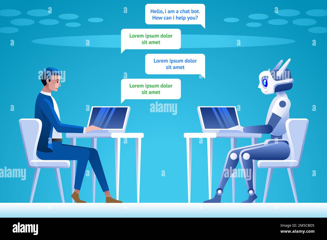 Chatbot concept. Man chatting with chat bot. Vector illustration
