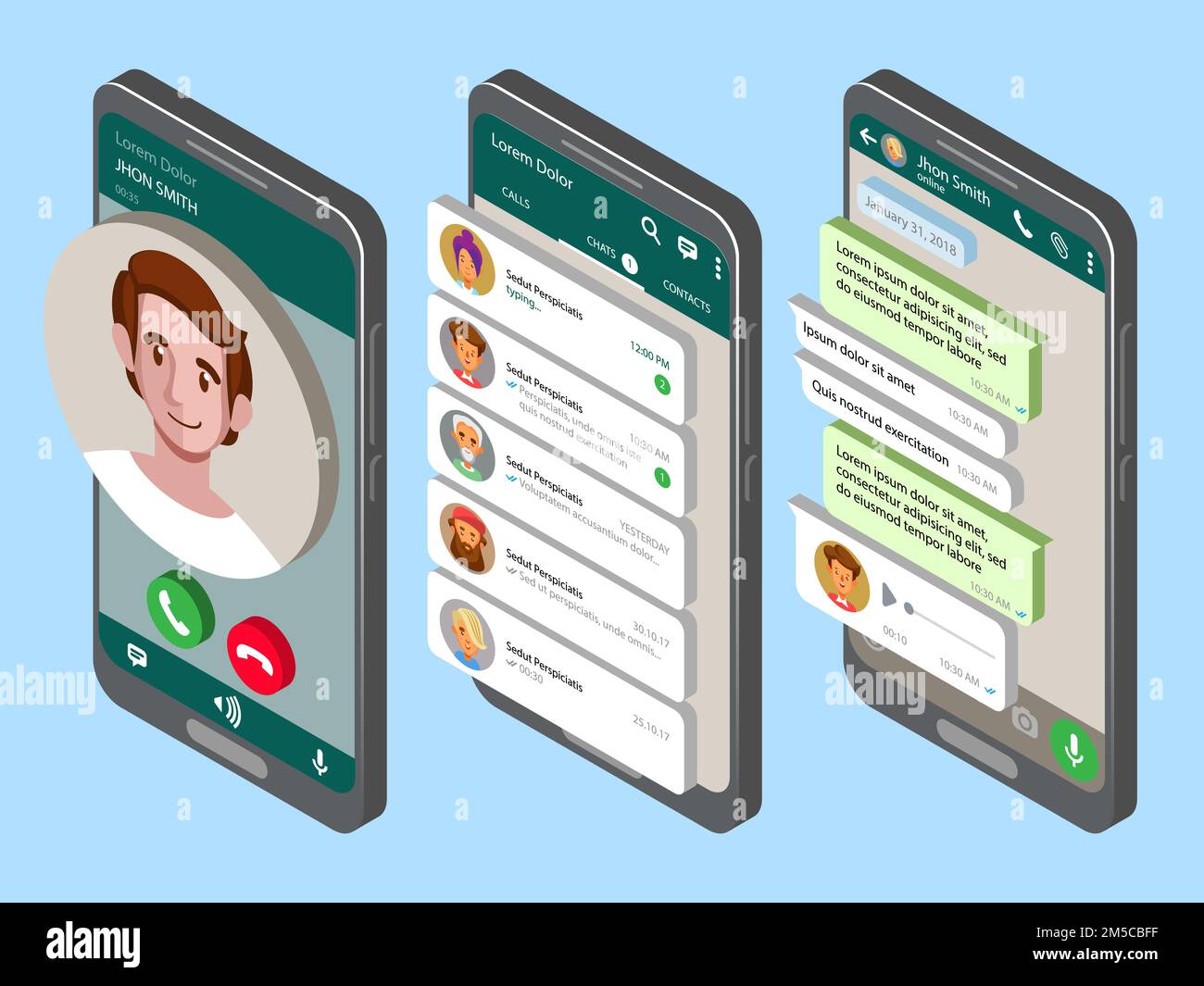 Mockup of phone with mobile messenger on screen. Vector isometric illustration Stock Vector