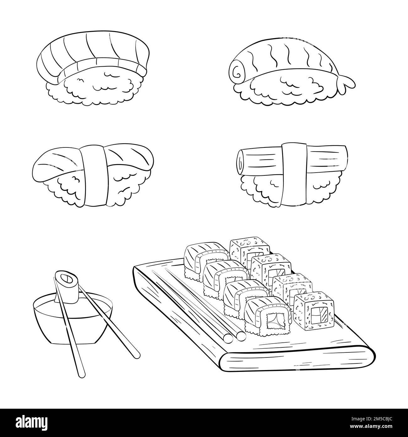 Sushi set on a board, line art. vector illustration on a white background. Stock Vector