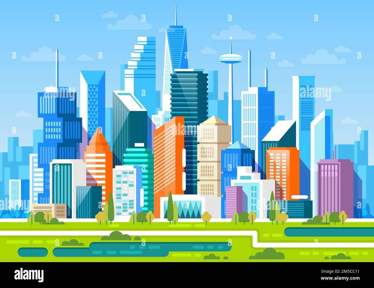 Urban landscape with high skyscrapers and subway. Vector illustration ...