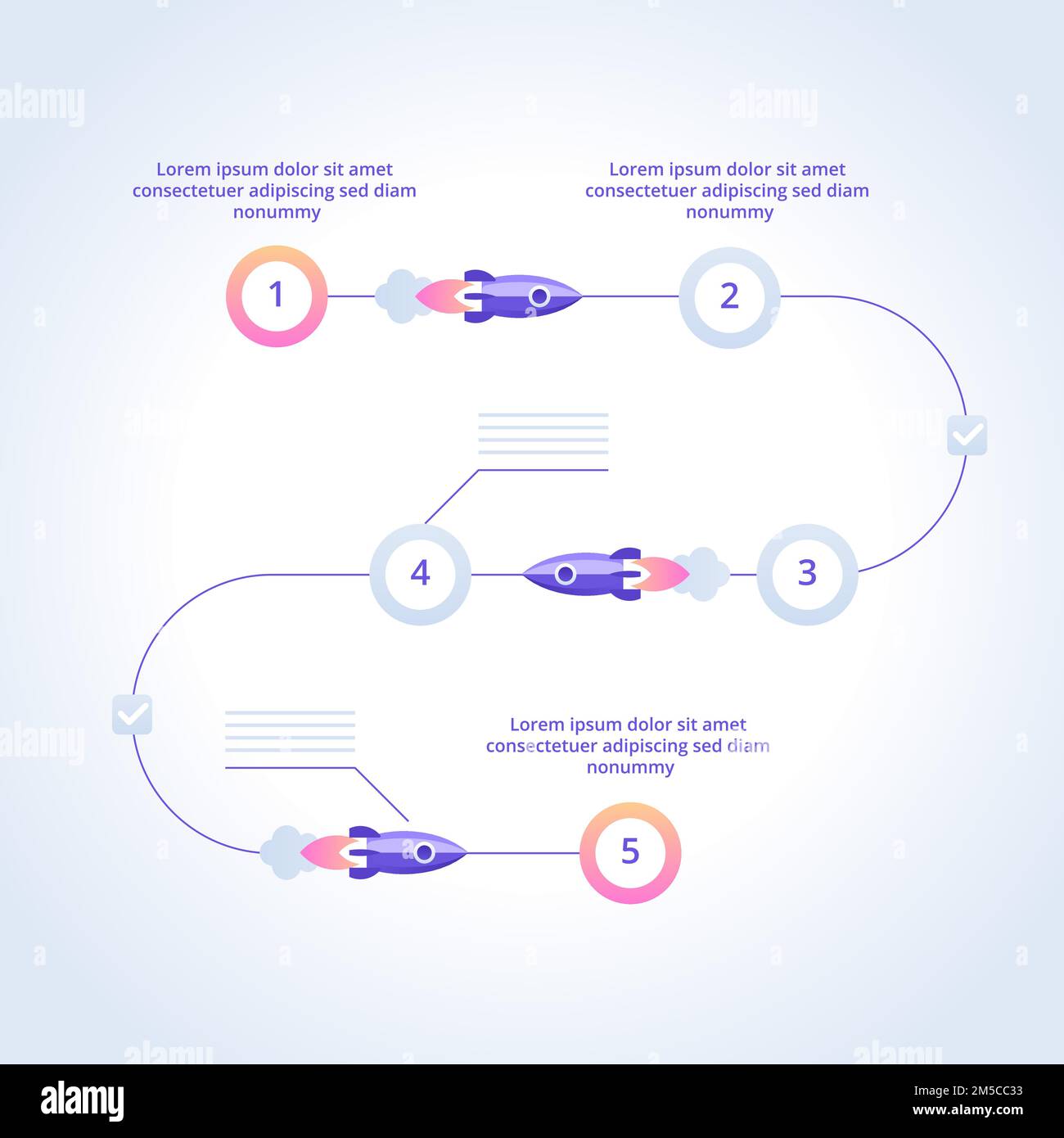 Rocket Steps Example Startup project steps infographics. Rocket on its way with staypoints ...