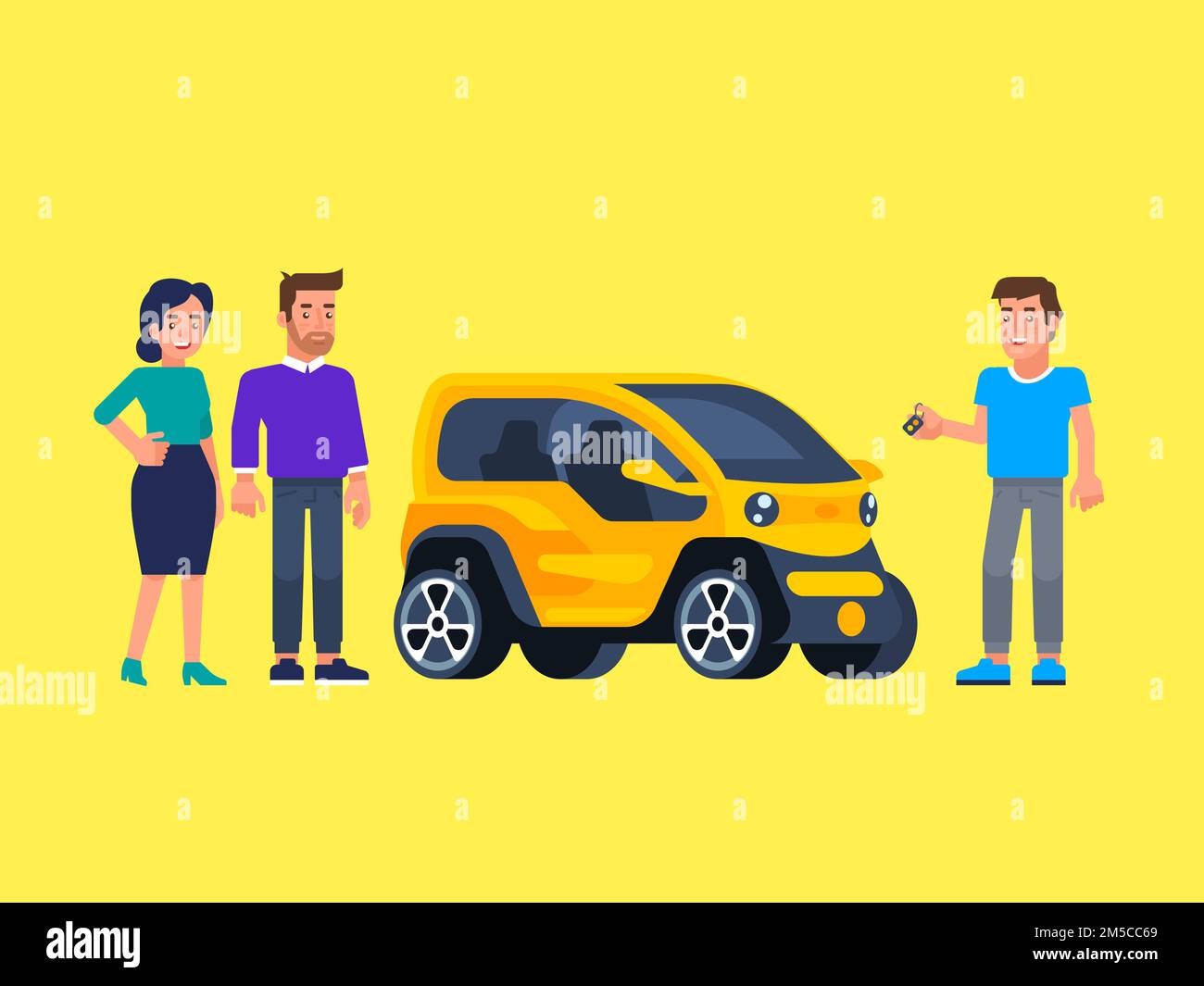 Carpool and car sharing. Happy people in front of the car. Travel by