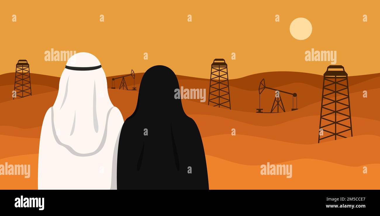Arab man and woman looking at oil field in desert. Vector illustration. Stock Vector
