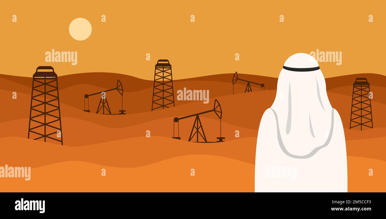 Man in white kandura looking at oil field in desert. Vector illustration. Stock Vector