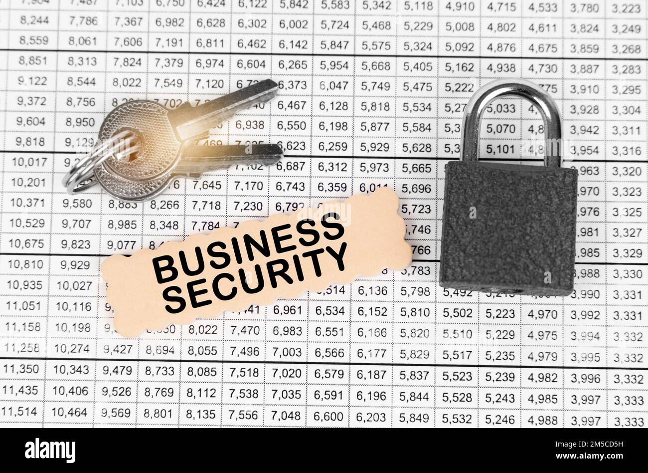 Business and security concept. Against the background of a table with reports, a lock, keys and a sign with the inscription - Business security Stock Photo