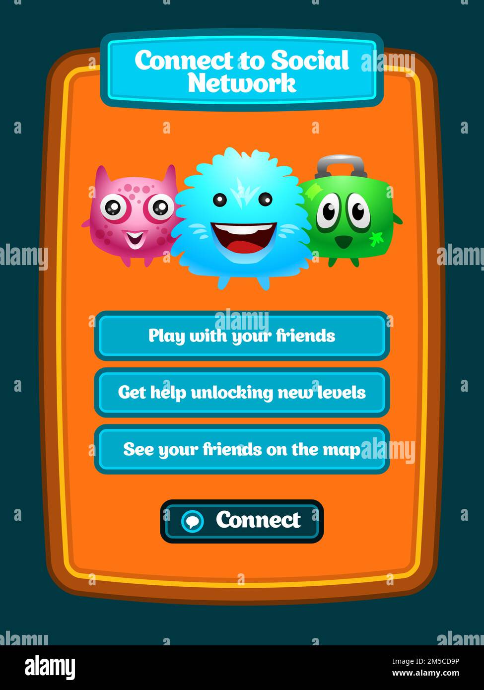 Game UI. Interface game design. Connect to social network screen
