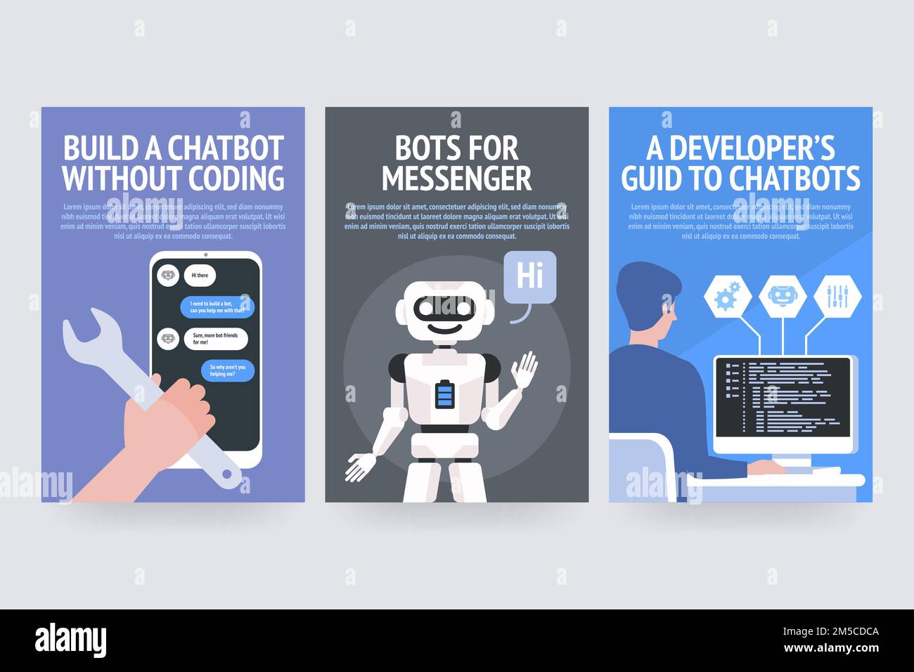Build chatbot without coding. Bots for messenger. A developers guide to chatbots. Vector posters for business, site, banners, web, brochure cards, fly Stock Vector