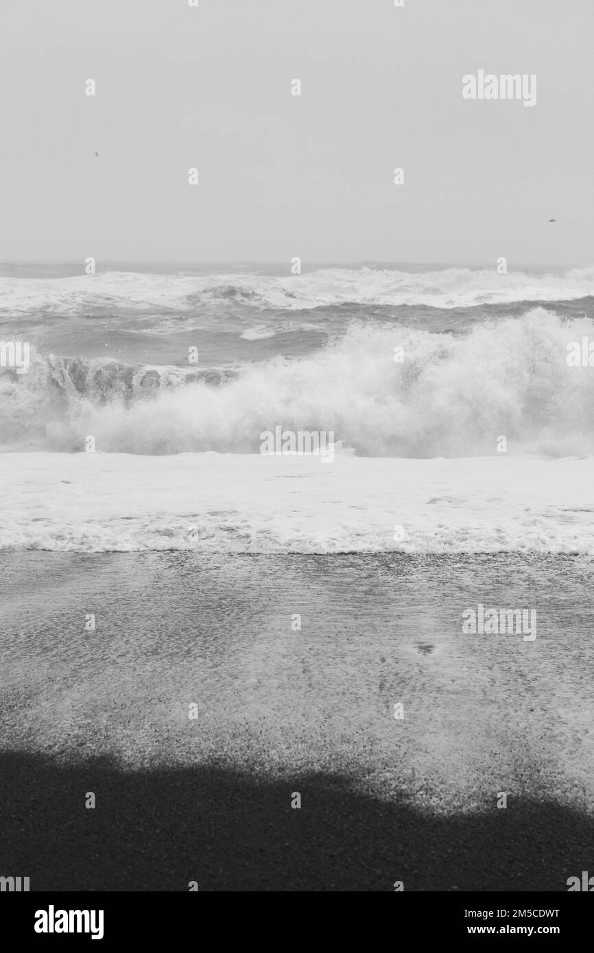 Wet sand with ocean foam monochrome landscape photo Stock Photo