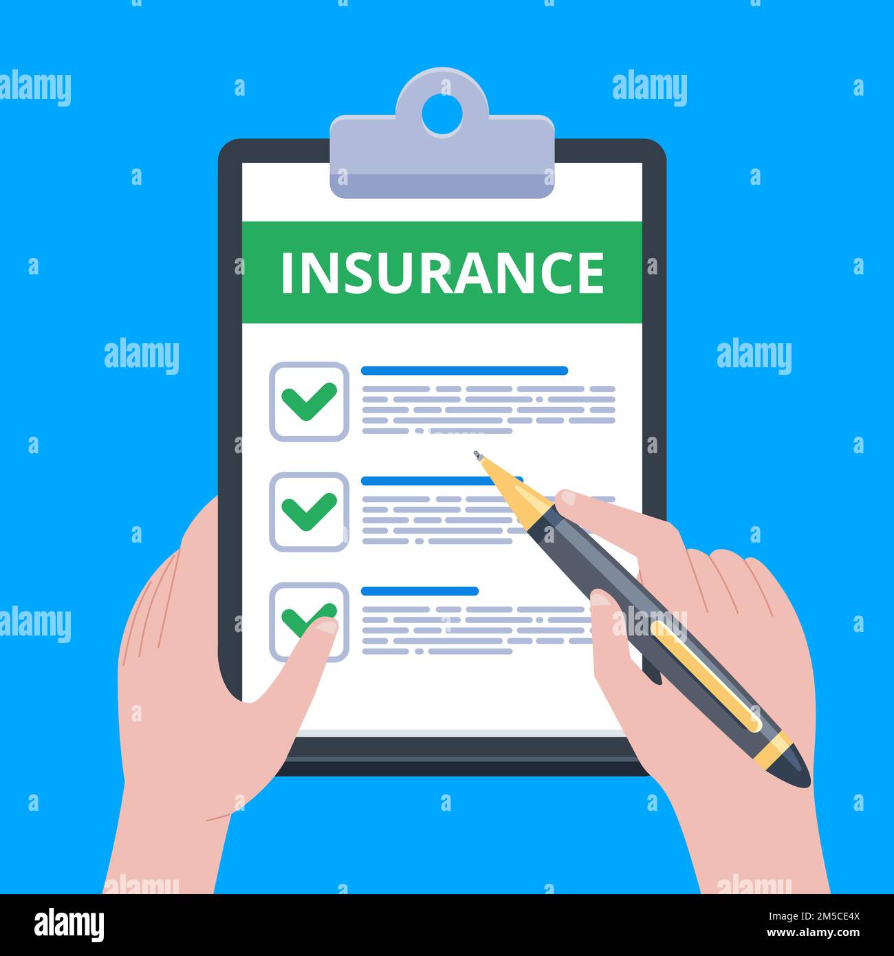 Insurance claim form. Man writes form, holding clipboard in hand. Vector illustration flat design. Stock Vector
