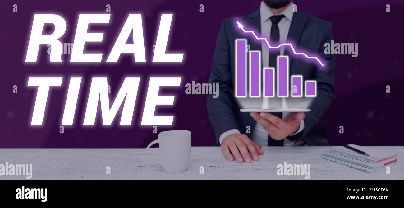 Sign displaying Real Time. Word Written on the actual time during which ...