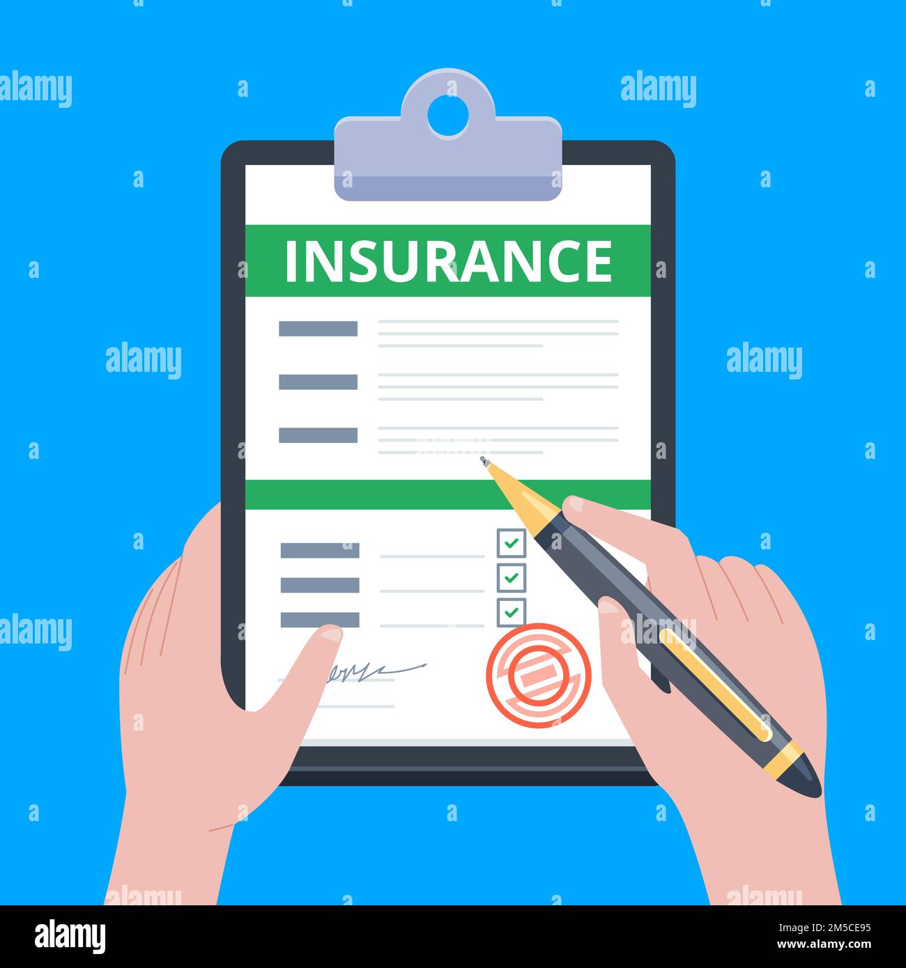 Insurance claim form. Man writes form, holding clipboard in hand. Vector illustration flat design. Stock Vector