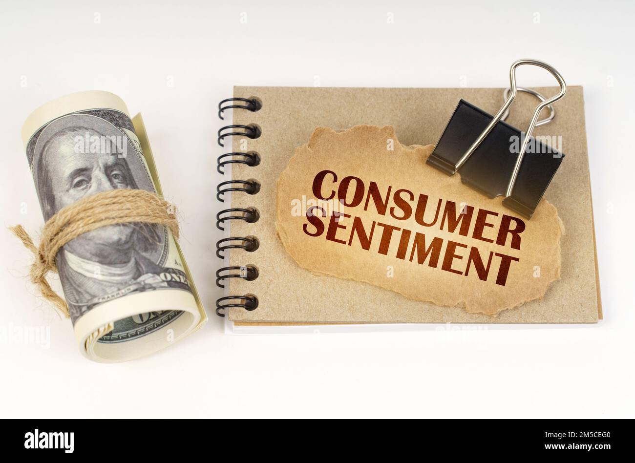Business and finance concept. On a white surface are twisted dollars, a notebook and a cardboard sign with the inscription - Consumer Sentiment Stock Photo