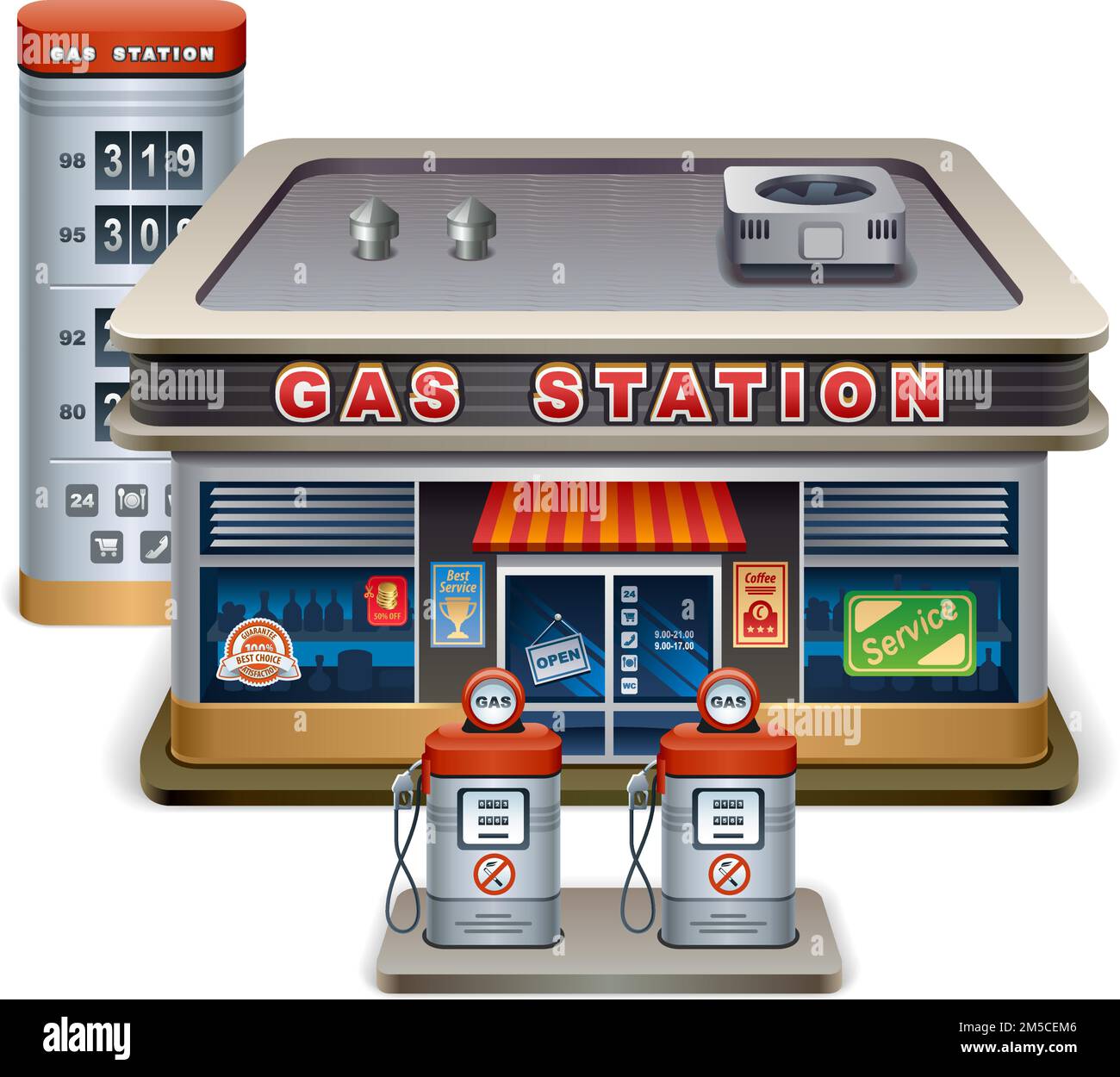 Vector detailed illustration of roadside gas station. XXL icon Stock