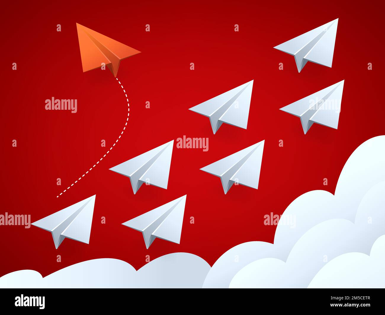 Vector illustration of Minimalist style red airplane changing direction and white ones. New idea, change, trend, courage, creative solution, innovatio Stock Vector
